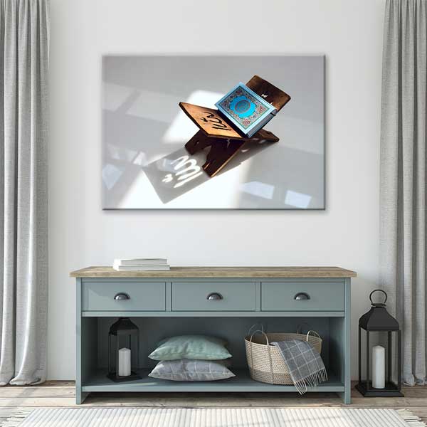 Mavi Kapaklı Kur’an-ı Kerim ve Rahle Tasarımlı Kanvas Duvar Tablosu – 10895