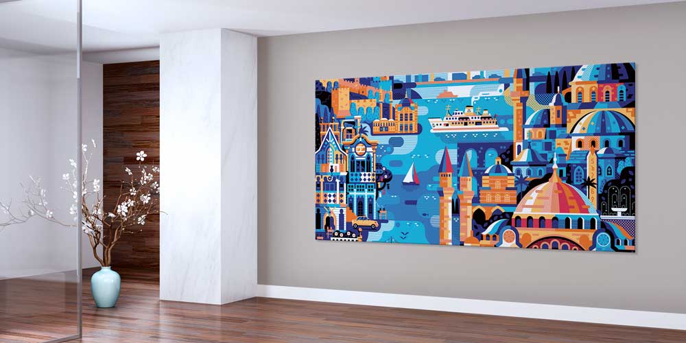 istanbul-duvar-dekorasyon-11923-01 İllüstratif İstanbul Şehir Simgeleri Manzaralı Büyük Ebatlı Duvar Dekoru 11923