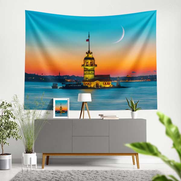 istanbul-duvar-ortusu-11719-00 Kız Kulesi Gün Batımı Hilalli Duvar Örtüsü Kumaş Baskı 11719
