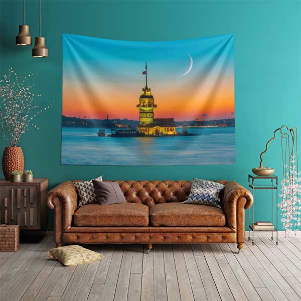 istanbul-duvar-ortusu-11719-01 Kız Kulesi Gün Batımı Hilalli Duvar Örtüsü Kumaş Baskı 11719
