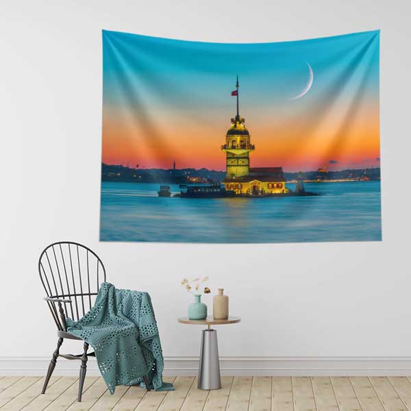 istanbul-duvar-ortusu-11719-02 Kız Kulesi Gün Batımı Hilalli Duvar Örtüsü Kumaş Baskı 11719