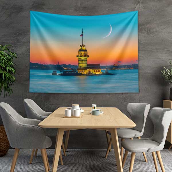 istanbul-duvar-ortusu-11719-03 Kız Kulesi Gün Batımı Hilalli Duvar Örtüsü Kumaş Baskı 11719