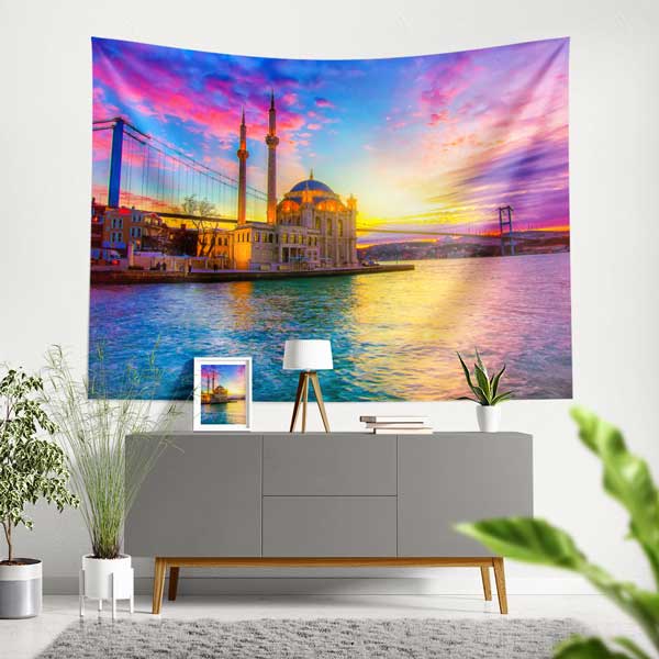 Ortaköy Camii Gün Batımı Boğaz Manzaralı Duvar Örtüsü Kumaş Baskı 11720