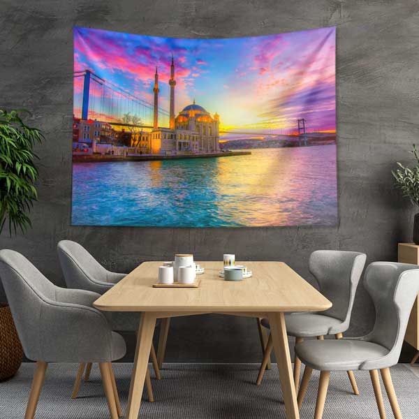 Ortaköy Camii Gün Batımı Boğaz Manzaralı Duvar Örtüsü Kumaş Baskı 11720