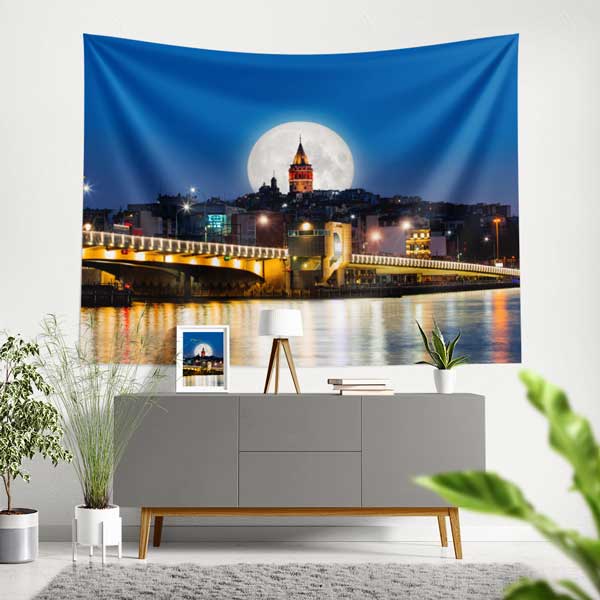 Galata Kulesi Dolunaylı Gece Manzarası Duvar Örtüsü Kumaş Baskı 11721