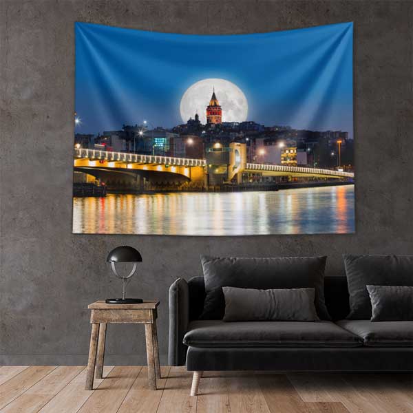 Galata Kulesi Dolunaylı Gece Manzarası Duvar Örtüsü Kumaş Baskı 11721