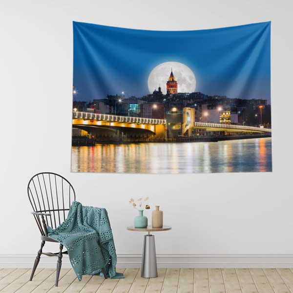 Galata Kulesi Dolunaylı Gece Manzarası Duvar Örtüsü Kumaş Baskı 11721