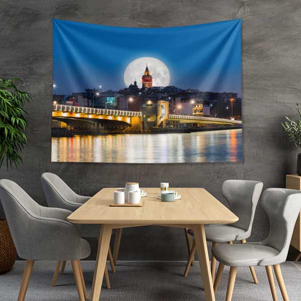 Galata Kulesi Dolunaylı Gece Manzarası Duvar Örtüsü Kumaş Baskı 11721