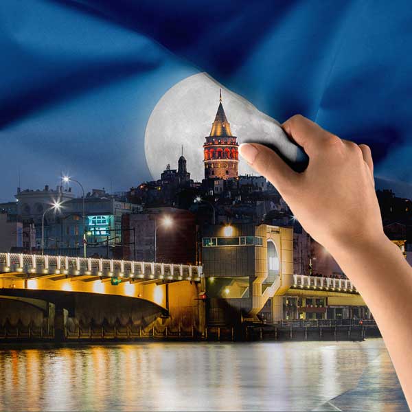 Galata Kulesi Dolunaylı Gece Manzarası Duvar Örtüsü Kumaş Baskı 11721