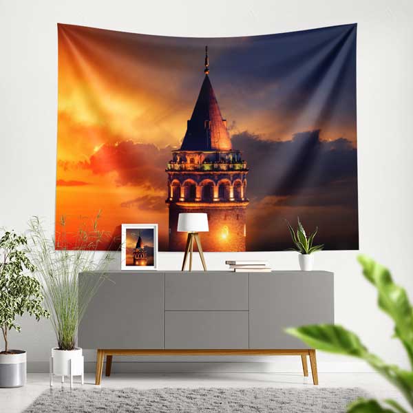 Galata Kulesi Gün Batımı İstanbul Duvar Örtüsü Kumaş Baskı 11727