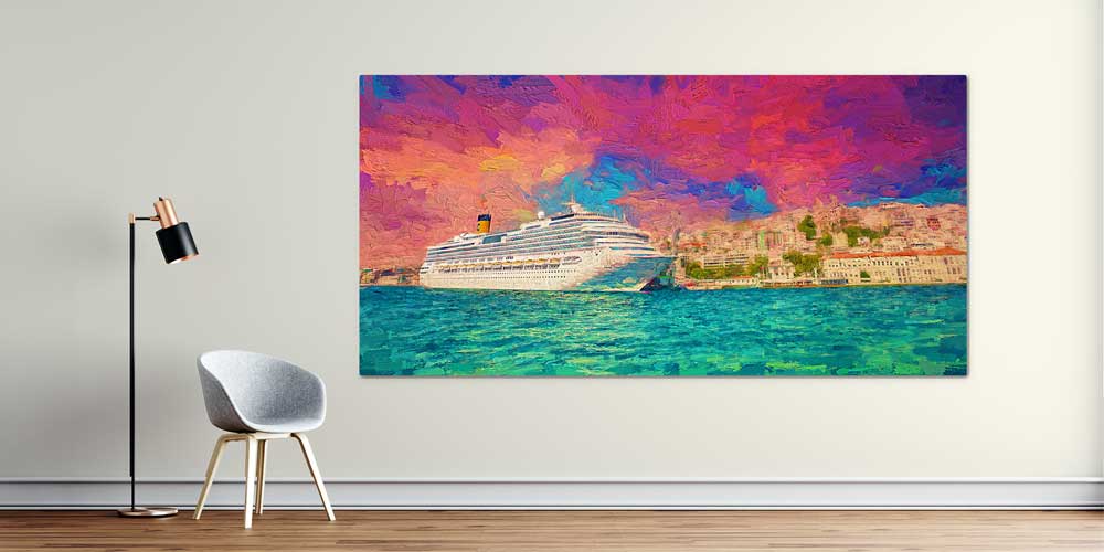 Sanatsal İstanbul Boğazı ve Kruvaziyer Manzaralı Büyük Ebatlı Duvar Dekoru 11914