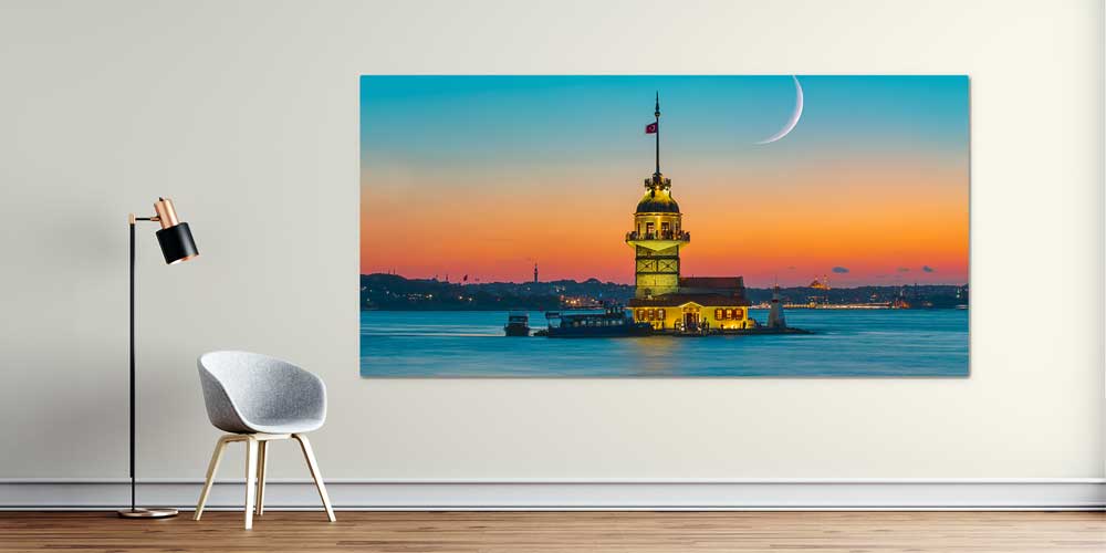 istanbul-duvar-tablolari-11921-00 Kız Kulesi Alacakaranlık ve Hilal Ay Manzaralı Büyük Ebatlı Duvar Dekoru 11921