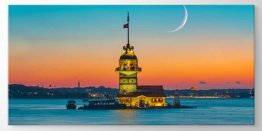 istanbul-duvar-tablolari-11921-04 Kız Kulesi Alacakaranlık ve Hilal Ay Manzaralı Büyük Ebatlı Duvar Dekoru 11921