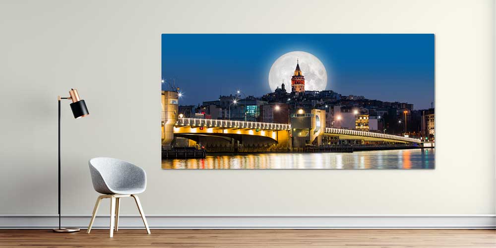 istanbul-duvar-tablolari-11922-00 Galata Kulesi Dolunay ve Haliç Gece Manzaralı Büyük Ebatlı Duvar Dekoru 11922