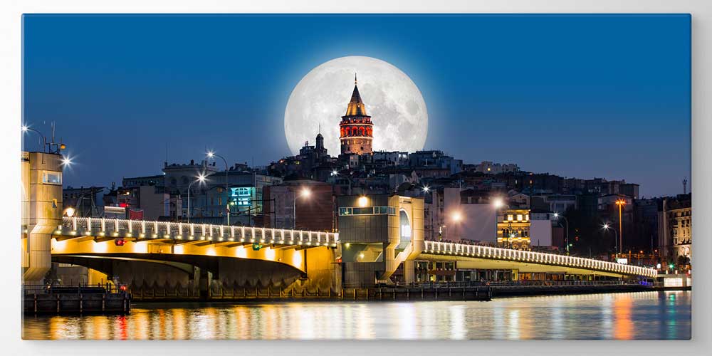 Galata Kulesi Dolunay ve Haliç Gece Manzaralı Büyük Ebatlı Duvar Dekoru 11922