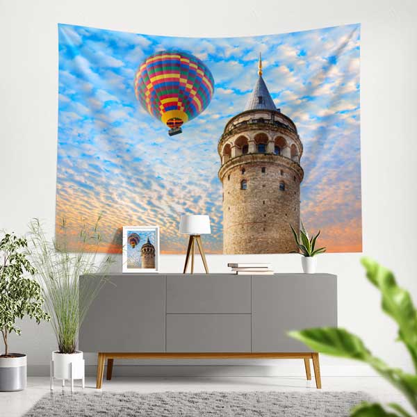 Galata Kulesi ve Sıcak Hava Balonu İstanbul Duvar Örtüsü Kumaş Baskı 11728