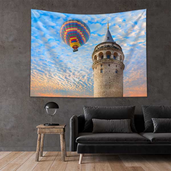 Galata Kulesi ve Sıcak Hava Balonu İstanbul Duvar Örtüsü Kumaş Baskı 11728