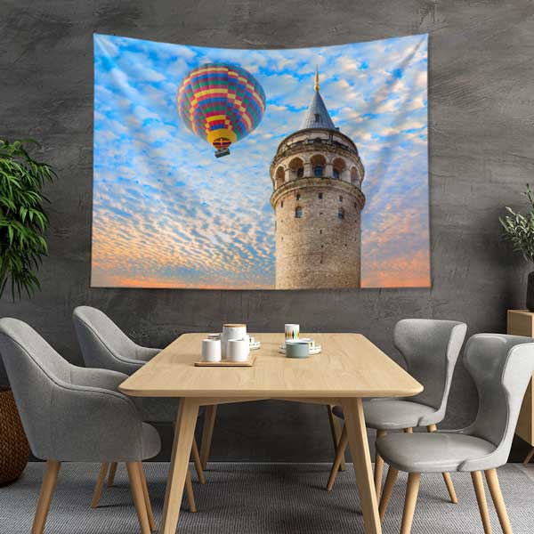Galata Kulesi ve Sıcak Hava Balonu İstanbul Duvar Örtüsü Kumaş Baskı 11728