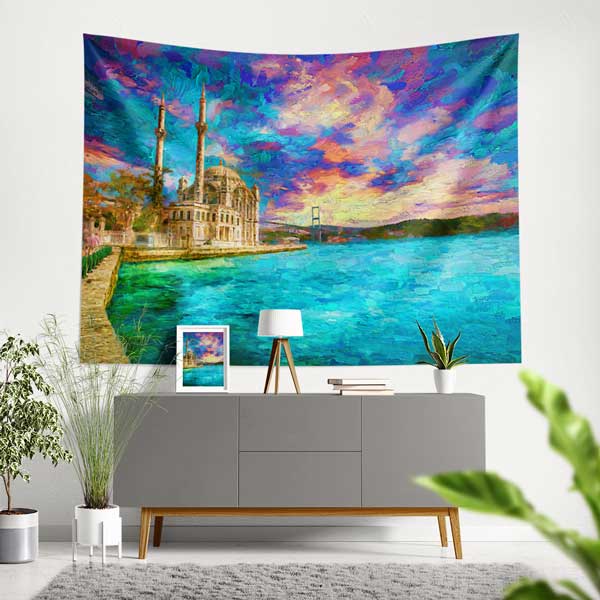 İstanbul Boğazı ve Ortaköy Camii Sanatsal Duvar Örtüsü Kumaş Baskı 11723