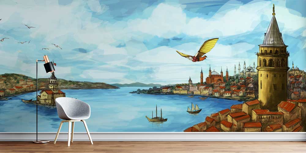 istanbul-wallpaper-art-11550-00 Galata Kulesi ve Kız Kulesi İstanbul İllüstrasyon Duvar Kağıdı 11550