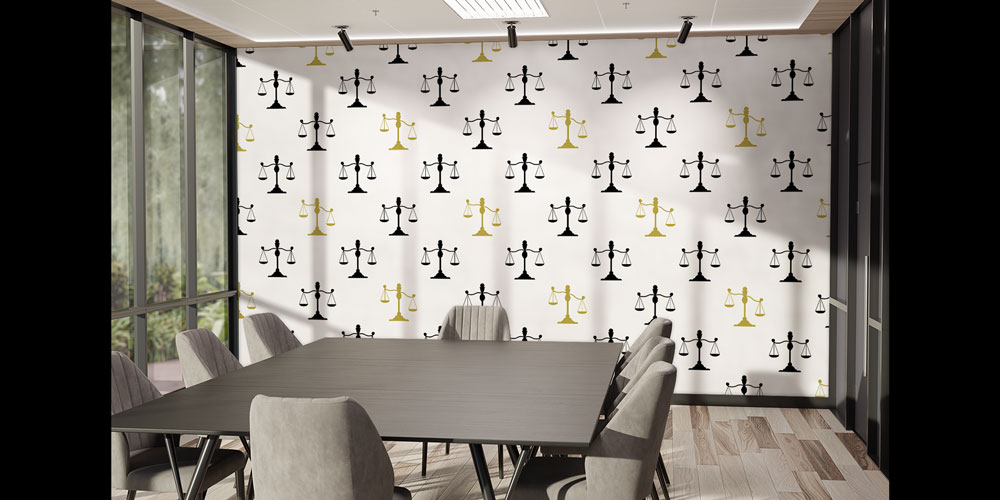 judge-wall-art-5292-02 Tekrarlayan Adalet Terazisi Desenli Hukuk Duvar Kağıdı – Modern Ofis Tasarımı 5292