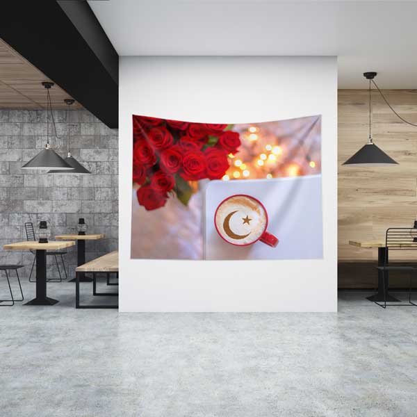 kafe-duvar-ortusu-12565-00 Gül ve Ay Yıldız Motifli Kahve Temalı Duvar Örtüsü 12565