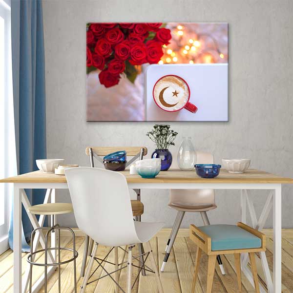 Kafe Temalı Ay Yıldız Kahve ve Gül Duvar Tablosu Kanvas – 12162