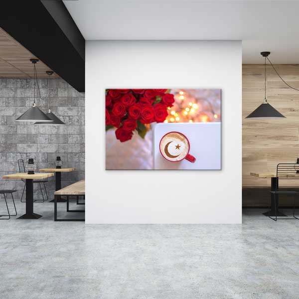 Kafe Temalı Ay Yıldız Kahve ve Gül Duvar Tablosu Kanvas – 12162