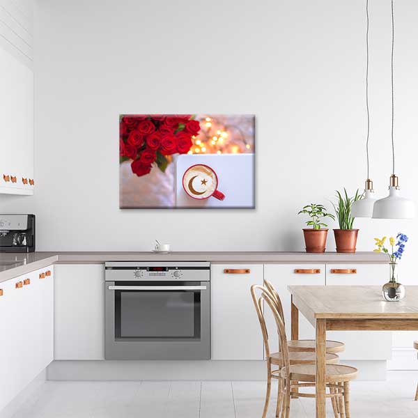 Kafe Temalı Ay Yıldız Kahve ve Gül Duvar Tablosu Kanvas – 12162