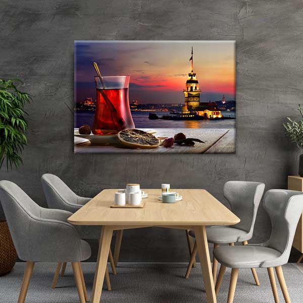 kafe-duvar-tablolari-12157-01 Kız Kulesi ve Çay Temalı Kanvas Duvar Tablosu – 12157