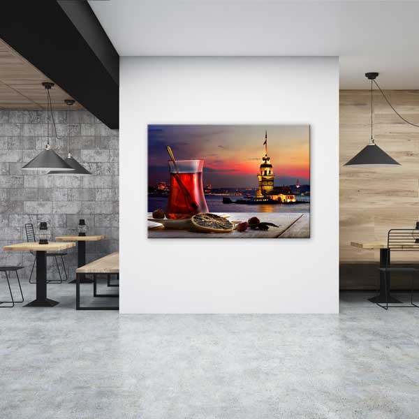 kafe-duvar-tablolari-12157-02 Kız Kulesi ve Çay Temalı Kanvas Duvar Tablosu – 12157