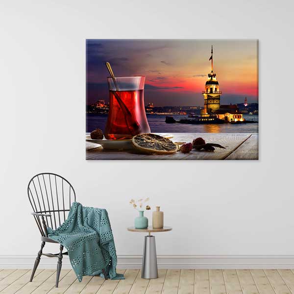 kafe-duvar-tablolari-12157-03 Kız Kulesi ve Çay Temalı Kanvas Duvar Tablosu – 12157