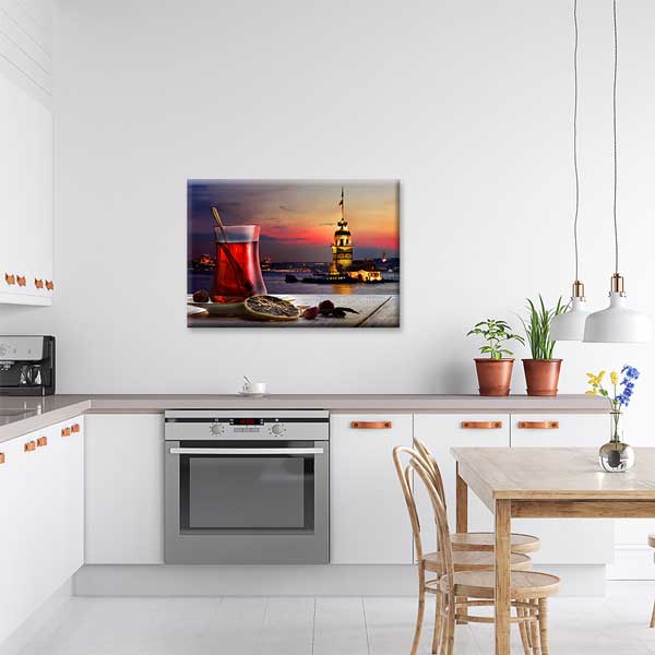 kafe-duvar-tablolari-12157-04 Kız Kulesi ve Çay Temalı Kanvas Duvar Tablosu – 12157