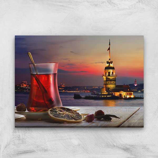 kafe-duvar-tablolari-12157-05 Kız Kulesi ve Çay Temalı Kanvas Duvar Tablosu – 12157