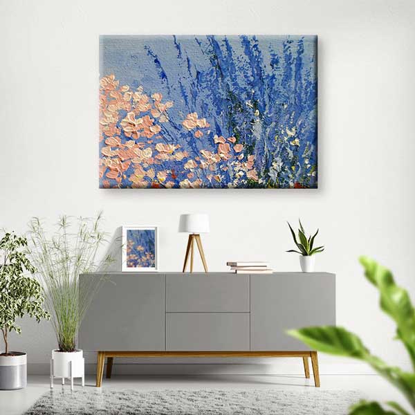 Mavi Zemin Üzerinde Çiçek Bahçesi Sanatsal Kanvas Tablo 4222