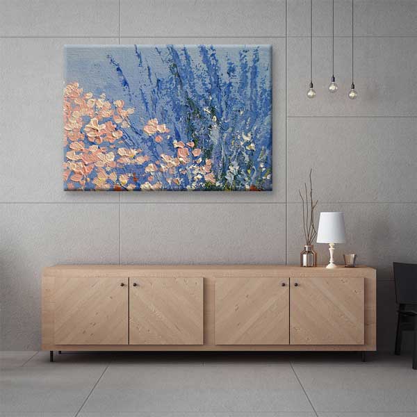 Mavi Zemin Üzerinde Çiçek Bahçesi Sanatsal Kanvas Tablo 4222