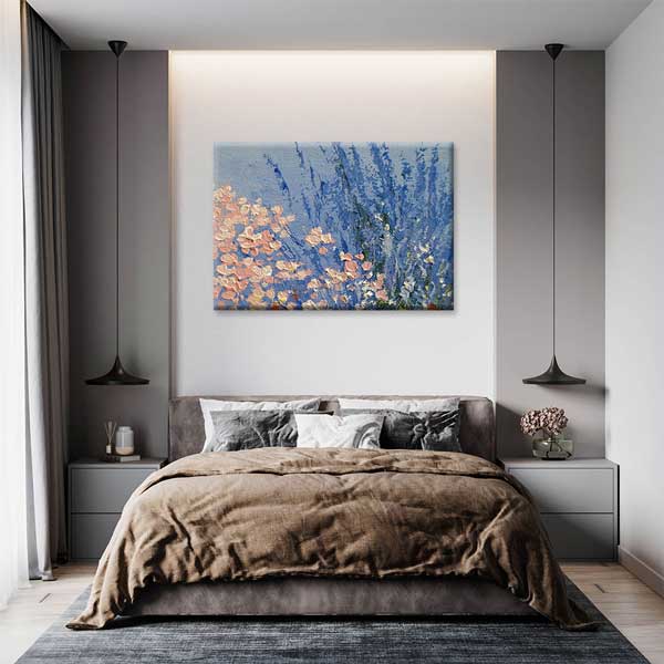 Mavi Zemin Üzerinde Çiçek Bahçesi Sanatsal Kanvas Tablo 4222