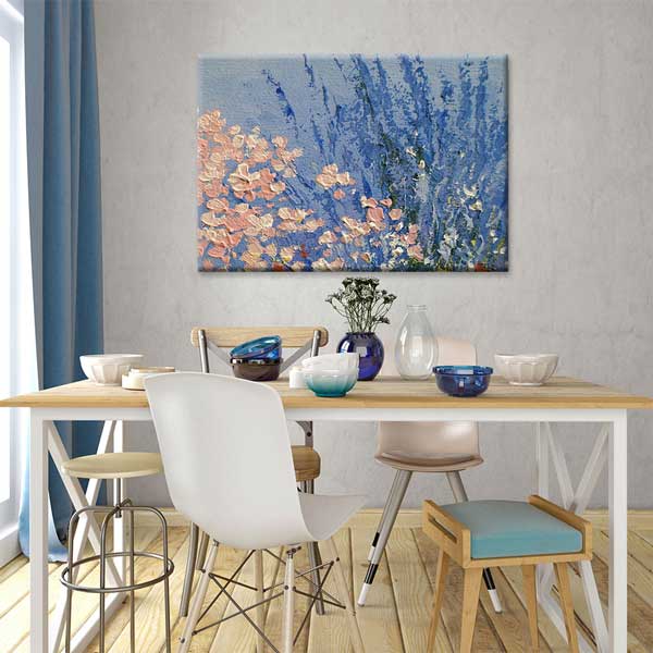 Mavi Zemin Üzerinde Çiçek Bahçesi Sanatsal Kanvas Tablo 4222