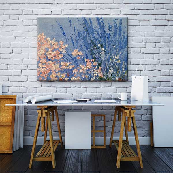 Mavi Zemin Üzerinde Çiçek Bahçesi Sanatsal Kanvas Tablo 4222