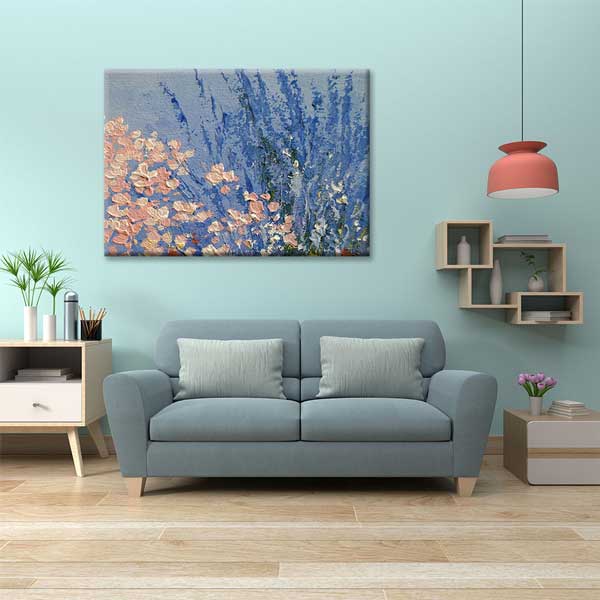 Mavi Zemin Üzerinde Çiçek Bahçesi Sanatsal Kanvas Tablo 4222
