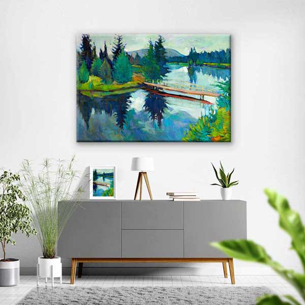 Orman İçinde Köprü ve Göl Manzarası Kanvas Tablo 2131