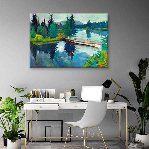 Orman İçinde Köprü ve Göl Manzarası Kanvas Tablo 2131