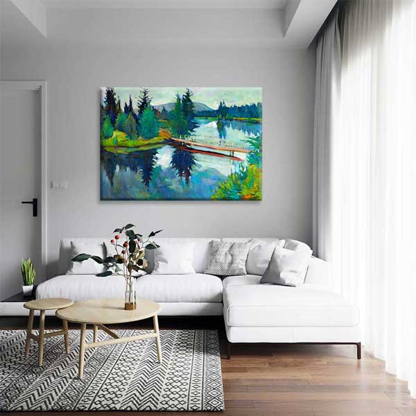 Orman İçinde Köprü ve Göl Manzarası Kanvas Tablo 2131