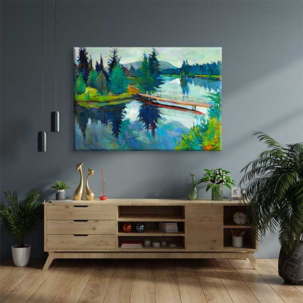 Orman İçinde Köprü ve Göl Manzarası Kanvas Tablo 2131