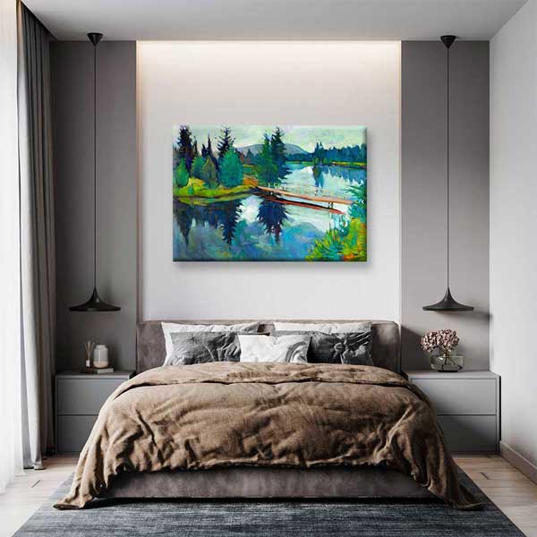 Orman İçinde Köprü ve Göl Manzarası Kanvas Tablo 2131