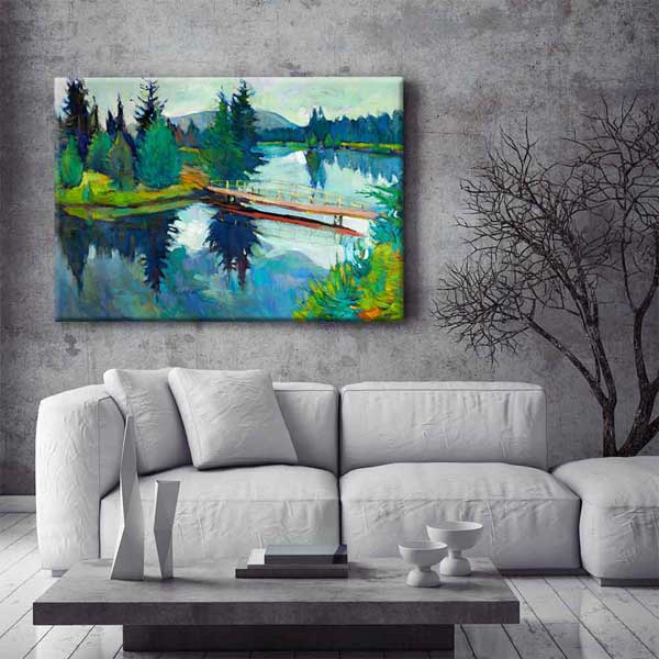 Orman İçinde Köprü ve Göl Manzarası Kanvas Tablo 2131