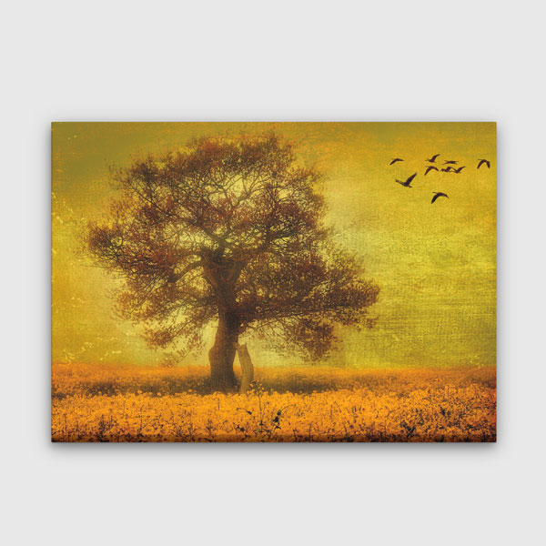 Altın Tonlu Tarlada Ağaç ve Kuşlar Kanvas Tablo 4396