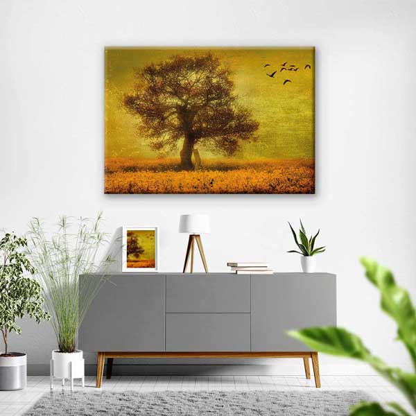 Altın Tonlu Tarlada Ağaç ve Kuşlar Kanvas Tablo 4396