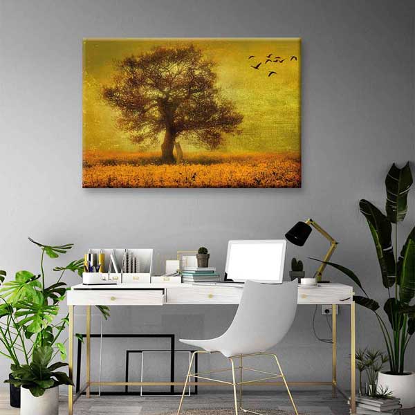 Altın Tonlu Tarlada Ağaç ve Kuşlar Kanvas Tablo 4396