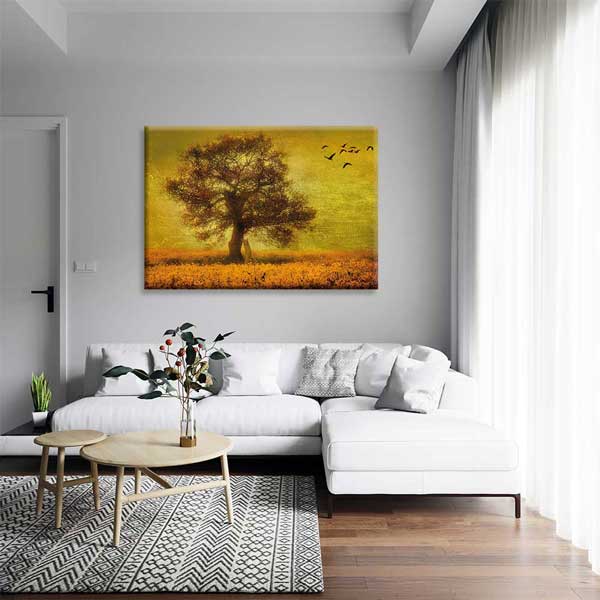 Altın Tonlu Tarlada Ağaç ve Kuşlar Kanvas Tablo 4396